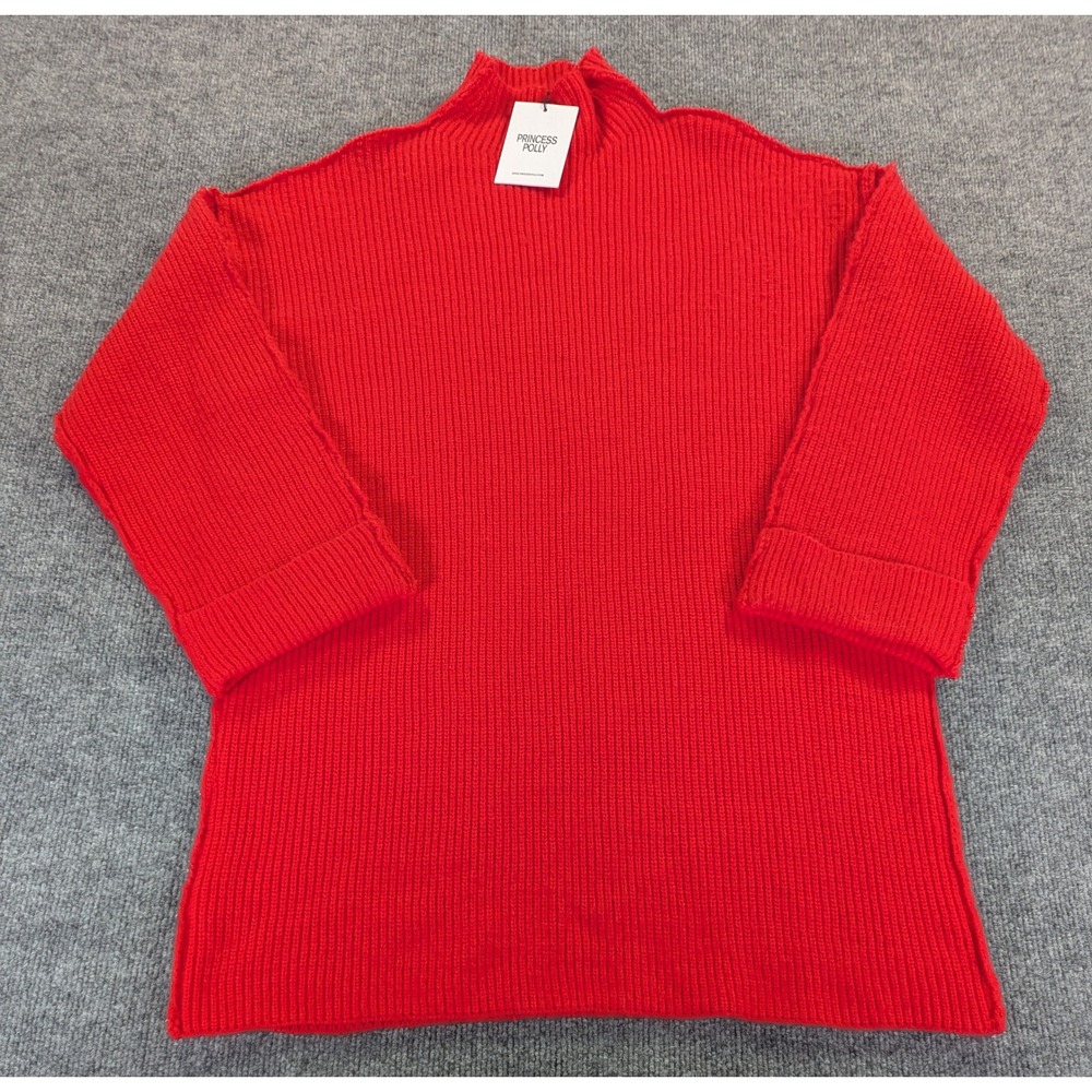 Princess Polly Weslie Long Sleeve Knit Mini Dress Red S/M Mock Neck Ribbed